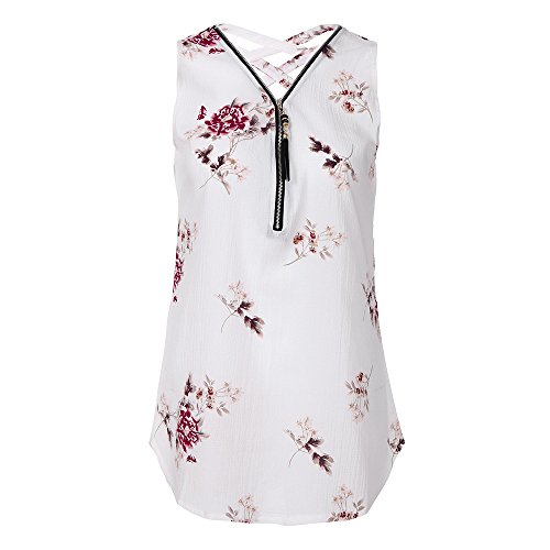 Women Tops Summer Casual Zipper Tassel Sleeveless Vest Top Printed Hollow Flower Vest Top Blouse White - Thumbnail 2