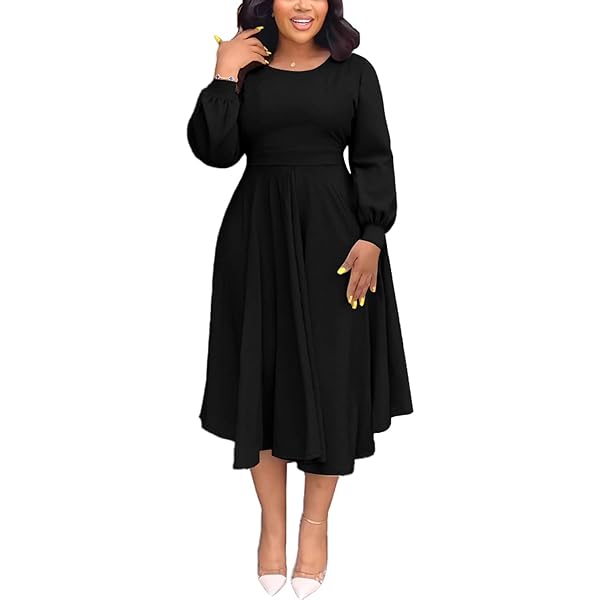 Cupitool Women Puffy Sleeve Midi Dress Casual Formal Crew Neck Knee Length  A Line Prom Party Flared Dresses Black at Amazon Women's Clothing store