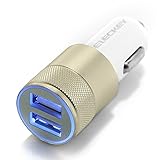 Car Charger, Eleckey™ 2.1A Dual USB Port Car Charger Portable Travel Charger Rapid Car Charger Auto Adapter for iPhone 6 5s, iPad Air mini, Samsung Galaxy s5, Nexus, HTC One and Other Devices (Gold and White)