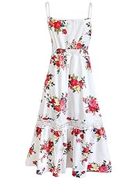 FANCYINN Vestido largo dividido con estampado floral y patchwork de encaje con botones