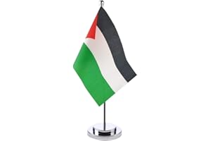 AccuLess Palestine Table Flag on Stand with 11.8'' Stainless Steel Stand Base Desktop Flag for Veteran Office Home International Conference Palestinian Theme Party Holiday Decor