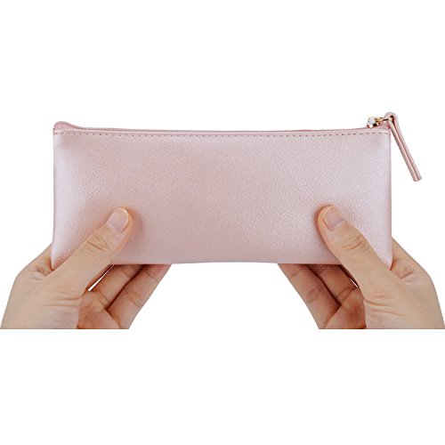 MROCO Pencil Case Leather Pencil Case Pouch, Small Pencil Pouch Canvas/PU Leather Pencil Case Soft Pencil Case Makeup Pouch Makeup Case Cosmetic Pouch with Zipper for School,Office,Travel(Pink)