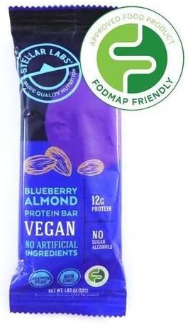 Stellar Labs Blueberry Almond Protein Bar, Non-GMO, Gluten Free, Vegan, No Sugar Alcohols, Made with Low-FODMAP Ingredients, 1.83oz, Pack of 12