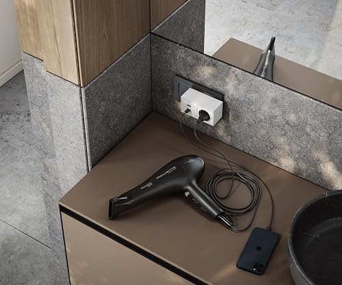 - Adattatore girevole Plug 1 presa 16A (250 V, 3680 W) + 2 porte USB A+C (30 W), rotazione di 180 gradi e ricarica rapida per cellulari e tablet, ideale per angoli o dietro i mobili, colore