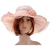 Vbiger Women Floral Pattern Chiffon Layer Kentucky Derby Wide Brim Hat (Pink)