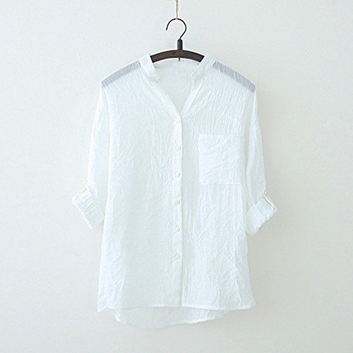 Clearance Sale! FarJing Women Cotton Solid Long Sleeve Shirt Casual Loose Blouse Button Down Tops (Size: M, White)