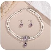 JWICOS Pearl Layered Wedding Necklace Earrings Set Silver Rhinestone Choker Crystal Bridal Necklace Jewelry Accessories for Women Crystal Drop Dangle Earrings for Brides