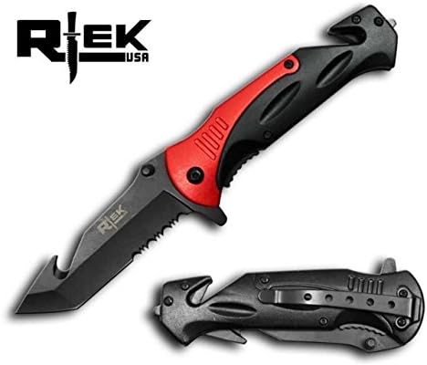 Rtek USA Heavy Duty Red Spring Assist Folding Knife with Guthook Blade, 8"