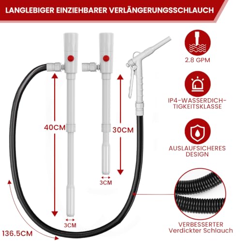 3.2GPM Electric Diesel Pump, 12 L/min Battery Operated Petrol Pump, Electric Fuel Pump with 136.5 cm Hose, Telescopic Barrel Pump for Petrol, Tractor, Generator, Lawn Mower - White