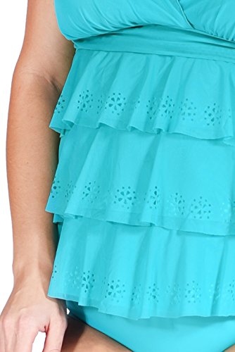 Mazu (1MZ7200) Swim Women's Ruffle Mesh Swimwear Triple Tier Plus Size Tankini Top (18W-24W) In Lasercut Jade Size: 18W