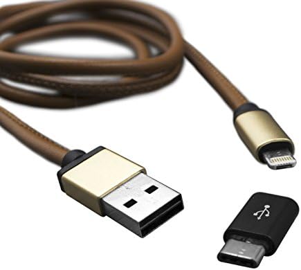 Stylish PU Leather Apple AND Android Compatible Charging Cable - Single Unit fits BOTH Micro USB Port AND Lighting Port AND USB Type C Adapter Included - Over 3 Ft in Length (Brown PU Leather)