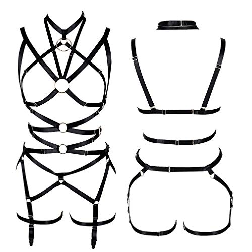 Women's Punk Cut Out Harness Body Full Strappy Lingerie Waist Garter Belts Set Elasticity Bralette Goth EDC Halloween Club Party Dance Rave Wear (Black) - Thumbnail 2