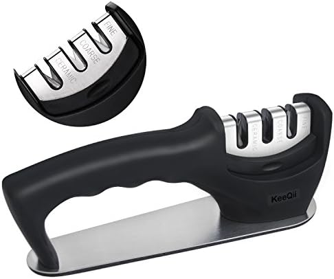 KeeQii Knife Sharpener for Kitchen Knives Sharpening System 3 Stage Sharpening Knife Manual with Non-slip Steady Stainless Steel Base and Comfy Gripping Ergonomic Handle (Knife Sharpener)