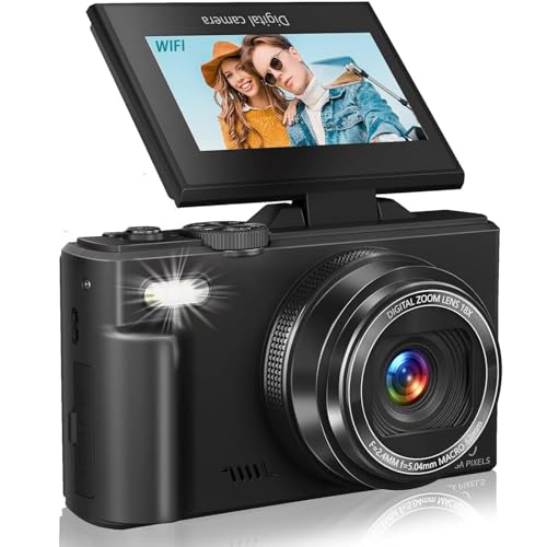 5K Digital Camera, WiFi 75MP Digital Point and Shoot Camera with 18X Zoom Anti Shake, 3" 180°Flip Screen Compact Travel Camera with Flash for Adult Beginner (2 Batteries+ 32GB SD Card) (Black)