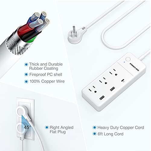UPoweradd Power Strip with USB C PD 20W for iPhone 12, 3 AC & 3 USB(30W), Overload Protection, 6ft Extension Cord Flat Plug for Cruise Travel, Home & Office - White