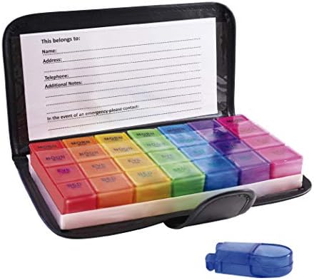 Jumbo Pill Organizer 4 Times a Day, Extra Large Compartments Am Pm Pill Case Travel Pu Leather 28 Medicine Detachable, Easy Open with Bonus Splitter, Morning Noon Afternoon Night Reminder