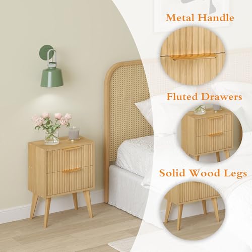 YAUKOMEL Nightstand with 2 Drawers,Fluted Bedside Table,Natural Wood Night Stand,Light Wood Side Table with Solid Wood Legs,End Table for Living Room,Bedroom,Small Space Natural CAACTG55Y