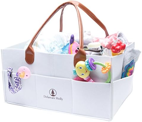 Extra Large Diaper Caddy by Delaware Holly: Felt Baby Diaper Storage Caddy with Leather Handles | Portable Storage Caddy Organizer/Nursery Organizer/Toy Caddy Organizer | Baby Shower Gifts