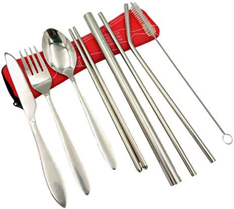 8Pcs Camping Flatware Set, Portable Stainless Steel Utensils Knife Fork Spoon Chopsticks Straw with Zipper Case Cotton Flannel Bag Eco-Friendly Ideal for Outdoor Camping Office