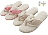 ULTRAIDEAS Women's Comfort French Terry Plush Lining Memory Foam Spa Thong Flip Flops House Indoor Slippers (L/9-10 B(M) US, 2 Pairs - Beige & Pink)