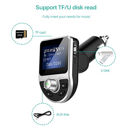 AOZBZ 2018 Bluetooth 4.1 FM Transmitter Car Kit, 3.1A USB Charger 1.44 Inch Display MP3 Player Support [TF Card] [U Disk] [AUX IN Out] [EQ Setting] [Hand Free Call] Rotatable Car Bluetooth Adapter - Thumbnail 5