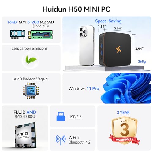 Huidun 【3 Years Guarantee】 H50 Mini PC Win 11 Pro, AMD Ryzen, 16GB DDR4 512GB M.2 SSD Computer, Dual 4K Display (HDMI/DP), Double WiFi/USB 3.2 Mini Desktop Computer for Home Office Business