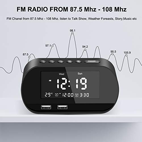 VEGKEY Digital Alarm Clock Radio, Small Alarm Clock with FM Radio, 6 Brightness, Dual USB Charging Ports, Temperature Display, Snooze, Dual Alarms with 6 Alarm Sounds for Bedrooms, Bedside, Desk