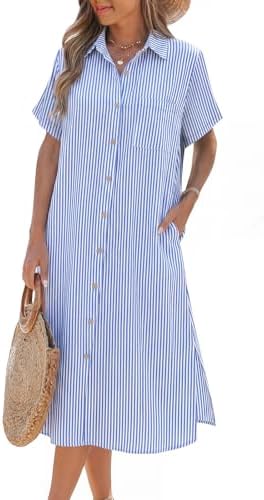 HOTOUCH Womens Dress Shirt Linen Short Sleeve Button Summer Midi Dresses Stripe Casual Loose Going Out Shift Beach Dress at Amazon Women's Clothing store HOTOUCH Womens Dress Shirt Linen Short Sleeve Button Summer Midi Dresses Stripe Casual Loose Going Out Shift Beach Dress at Amazon Women's Clothing store