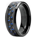 Black Ceramic Ring With Black and Blue Carbon Fiber by CERAMIC GESTALT® - 8mm. Comfort Fit.