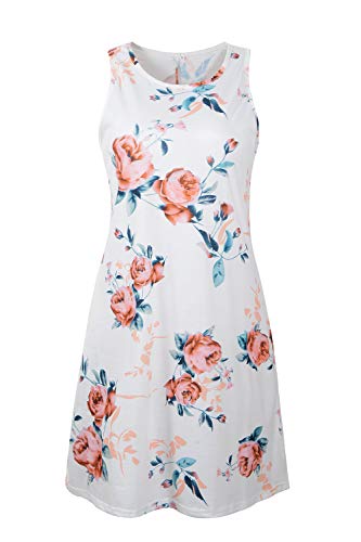 Genhoo Women Summer Casual Sleeveless Floral Printed Swing T Shirts Dress Sundress with Pocket