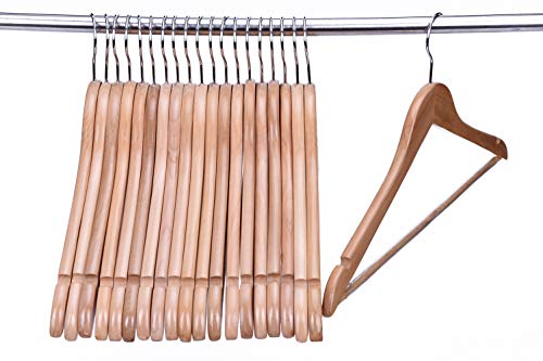 JS HANGER Coat Hanger Wooden Suit Hanger with Non Slip Pants Bar and Cut Notches - Natural, Set of 20