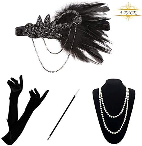 1920 Accessories Set - 1920s Flapper Costume Fancy Dress Gastby Accessories Vintage Feather Headband With Long Gloves For Women