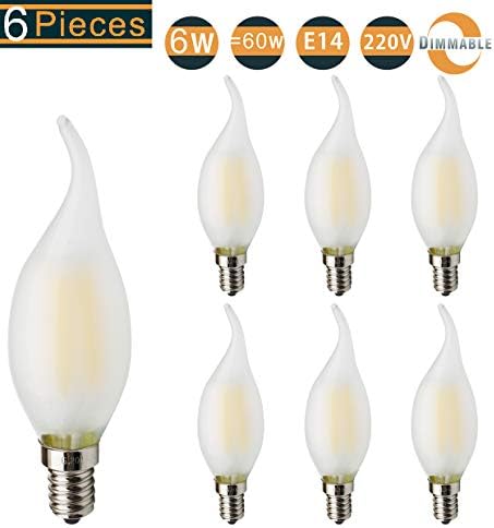 RClorBulb 6W E14 Dimmable LED Filament Frosted Candle Bulb Flame Tip, Warm White 2700K C35 LED Antique Chandelier Light 60W Incandescent Equivalent, SES Candle Light Bulb for Chandelier - 6 Packs [Energy Class A+]