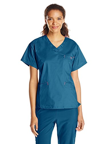V-Neck Scrub Top, Caribbean/Tango Pink 