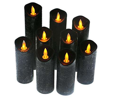 Kitch Aroma Black flameless Candles, Battery Operated LED Pillar Candles with Moving Flame Wick with Remote Timer,Pack of 9