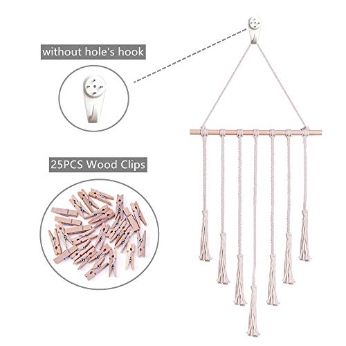 Ssmling Bohemian Photo Display Wall Hanging, Macrame Picture Hanger Organizer for Home Decorative, Boho Picture Frames Collage Decor with 25 Wood Clips Textile Family Art Decor Gift