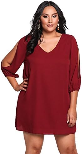 ROSIANNA Women's V Neck Open Long Sleeve Short Plus Size A Line Dresses (Red, XXXL)