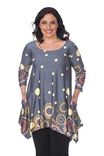 white mark Women's Plus Size Erie Handkerchief Hem Tunic Top with Pockets in Paisley Print (Grey, 3X) at Amazon