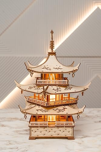 Wood Trick Harmony Tower Pagoda 3D Wooden Puzzles LED for Adults Delicate Engravings 2 Modes Lighting DIY Engineering Project Mechanical 3D Puzzle Model Kit
