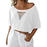 SOFIA'S CHOICE Women Distressed Off Shoulder Crop Top Ripped Loose Short Sleeve T Shirt