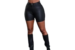 Zebaexf Women Sexy Leather Legging Shorts High Waist Faux Leg Stretchy Shorts PU Leather Pants