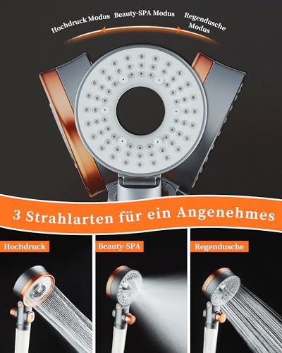 Sparduschkopf Wassersparend mit 3 Strahlarten, Druckerhöhend Handbrause mit Filter Gegen Kalk, Regendusche Duschköpfe, Duschsparkopf Wassersparend mit Stoppfunktion, SPA Brausekopf Dusche thumbnail 3