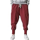Pengfei Men's Joggers Pants Drawstring Elastic Pockets, Red, Large