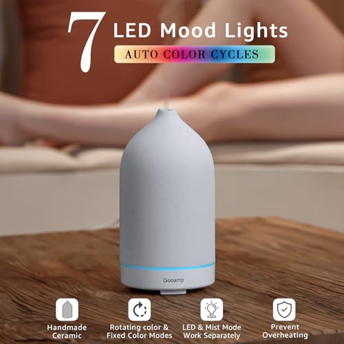 Gooamp 200ML Ceramic Essential Oil Diffuser - Ultrasonic Aromatherapy & Humidifier with 7-Color LED Lights, Auto Shut-Off, White, 1H/3H/6H Timer | Scent for Home, Office, Yoga