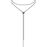 FAMARINE CZ Long Necklace, Rhinestone Bar Y Lariat Necklace Silver Tone for Women Birthday