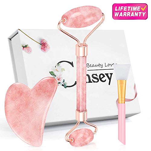 Rose Quartz Jade Roller for Face Gua Sha Set Facial Natural Stone Massager Anti-Aging Skin Gym Roller Body Eyes Neck Lymphatic Drainage Tool Reduce Wrinkles Womens Gifts