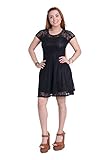 Amoluv Women Round Neck Short Sleeve Pleated Lace Slim Dress Black, X-Large