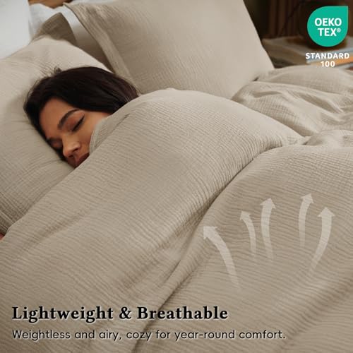 David's Home 100% Cotton Muslin Duvet Cover Set King Size,3 Pcs Soft Breathable & Lightweight Gauze Bedding Set with 2 Pillowcases,Textured Home Decor with Button, 104"×90" Natural/Oat Milk,No Insert