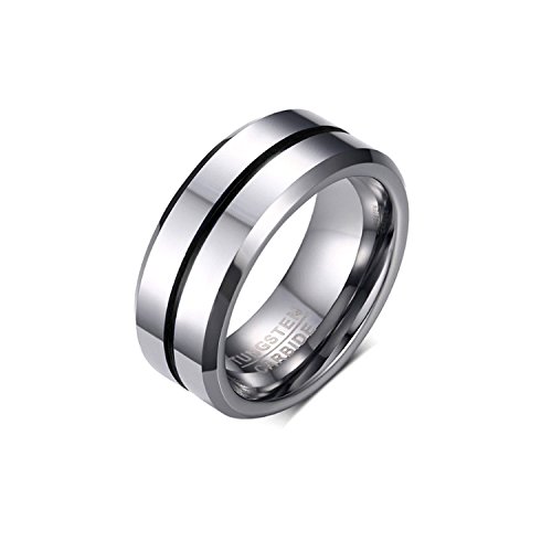 SOLEED Tungsten Wedding Band For Men, 8mm Silver Thin Black Line Tungsten Carbide Ring Polished Finish Beveled Edges, Comfort Fit, size 8