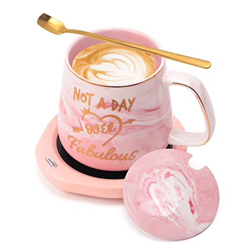 Coffee Mug Warmer & Not A Day Over Mug Set, Electric Cup Warmer for Desk Office Home, Beverage Warmer with 2 Temperature Setting, 8-Hours Auto Shut Off, Best Birthday Present Ideas for Women